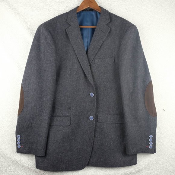 Bellissimo Blazer mens 46R Blue Herringbone Tweed Elbow Pads Two Button Vented - Picture 1 of 14